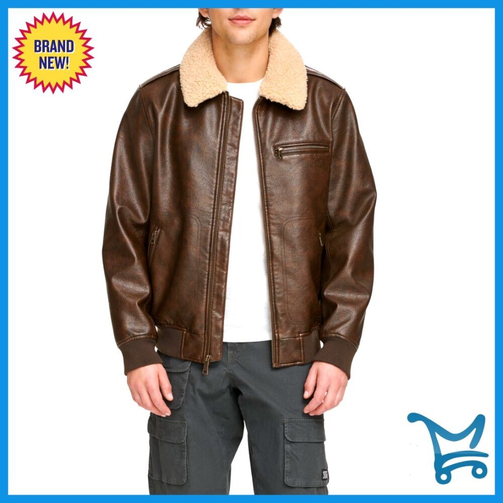 Men's Faux Leather Bomber Jacket with Sherpa Collar, Multiple Pockets